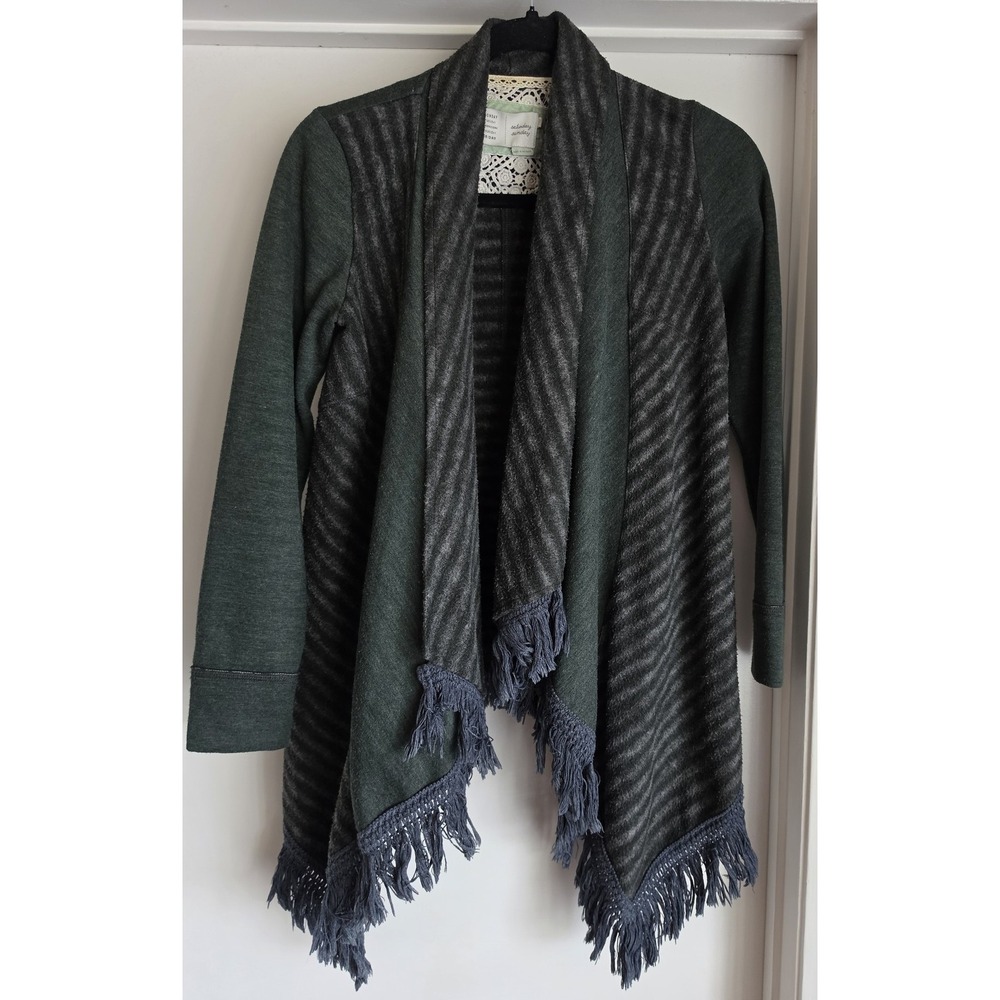 Saturday Sunday Women's Cardigan XXSP Striped Green Cozy Asymmetrical‎ Fringe